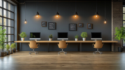 Poster - Modern open space office interior with big windows showing plants