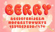 © Cherry - Bright 3d font. Colorful, juicy, berry three-dimensional alphabet in red color, on a background with flowers. Fashionable style of 2000 years