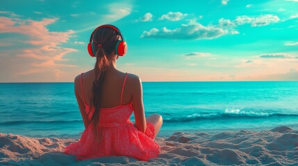 Poster - A young woman relaxing on a sandy beach while enjoying music through headphones during a colorful sunset by the ocean