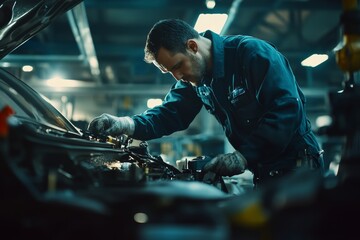 Skilled auto mechanic providing expert car service and maintenance in a busy repair shop environment