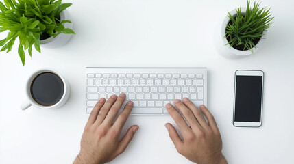 Poster - Office worker typing on keyboard with coffee and plants on desk