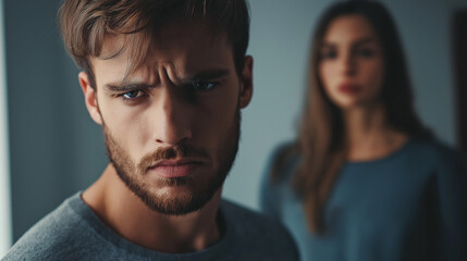 Young man frowning with woman in background feeling sad