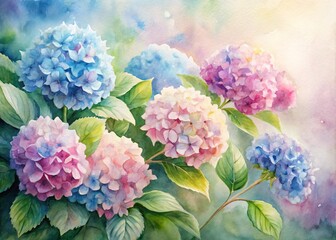 Wall Mural - Delicate, dreamy watercolor painting of lush hydrangea blooms in soft pastel hues, with gentle brushstrokes and subtle