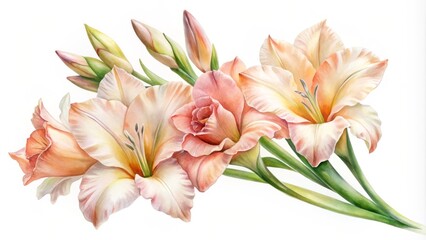 Sticker - Delicate watercolor illustration of a majestic gladiolus flower, its petals softly unfurling in gentle hues of pink,