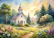 © Man888 - Delicate watercolor illustration of a serene rural church surrounded by lush greenery and wildflowers, bathed in warm,