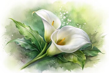 Wall Mural - Delicate watercolor illustration of a white calla lily bloom, surrounded by soft, feathery brushstrokes and gentle,