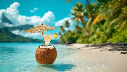 Wall Mural - A picturesque tropical beach scene with a coconut drink placed on the shoreline