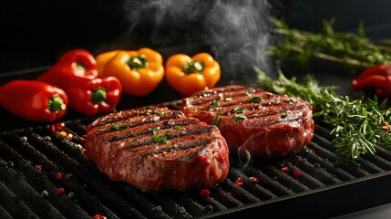 Wall Mural - Meat and vegetables healthy food diet. Juicy steaks of fresh red meat. Barbecue set.