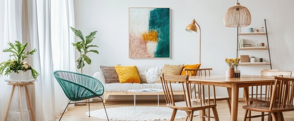 Sticker - Modern Living Room with Green Accent Chair and Abstract Painting