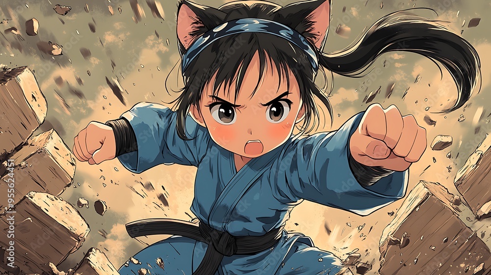 Anime Rocks Breaking Powerful Anime Girl in Blue Gi Breaks Rocks with a Punch. Stock ...