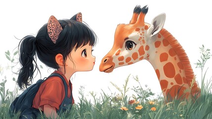 Poster - A Little Girl and a Giraffe Share a Moment in the Grass.