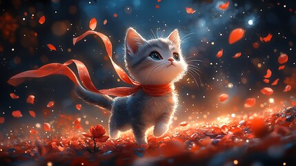 Canvas Print - Cute Kitten in a Field of Rose Petals.