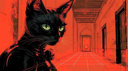 Sticker - Black Cat in a Red Corridor.