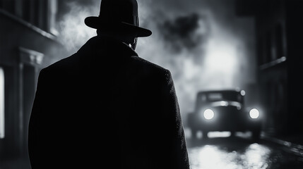 Old fashioned retro style gangster movie noir picture in dramatic scene moment