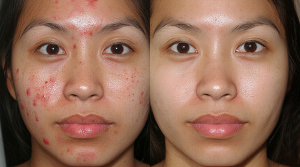 closeup of asian woman face before and after treating red scar acne and pimples. highlighting skinca