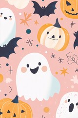 Wall Mural - Halloween ghosts are flying over a pink background with scary pumpkins, bats and autumn leaves