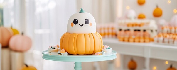 Wall Mural - Adorable ghost-themed cake perched on a pumpkin at a festive halloween gathering