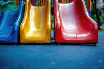 Wall Mural - Kids Play Area. Colorful Playground with Slides and Children's Play Equipment in a Park