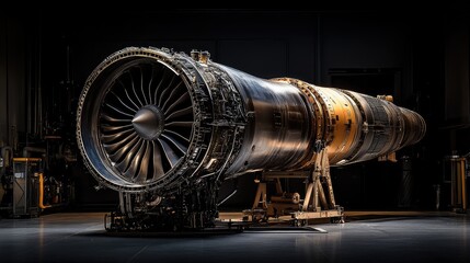 A Powerful Aircraft Engine Stands on a Stand in a Dark Setting