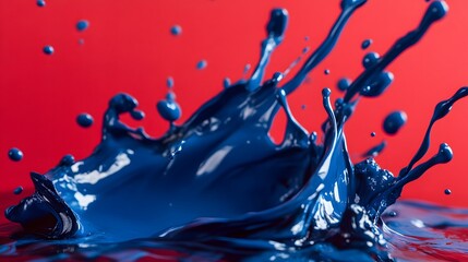 Blue Paint Splashes on Red Background, Abstract Image, Texture, Pattern, Wallpaper, Cover and Screen of Smartphone, PC, Laptop, 9:16 and 16:9 Format