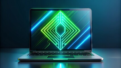Sleek modern laptop screen displaying a vibrant futuristic logo design concept with neon green and blue shapes,