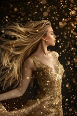 Blonde woman in a gold dress with flowing hair and gold