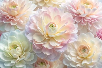 Wall Mural - Softly blended watercolor petals in pastel hues unfold from delicate centers, set against a creamy white background,