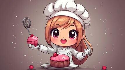 Wall Mural - Cute Chef Girl Baking Delicious Cupcakes with a Whimsical Touch.