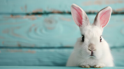 Poster - Bunny Peeking Out Hole Blue Wall Fluffy