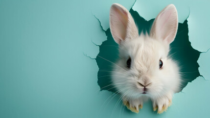 Poster - Bunny Peeking Out Hole Blue Wall Fluffy