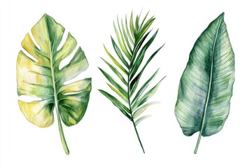 Tropical Leaves Sketch. Watercolor Botanical Art Composition