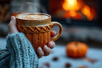 Wall Mural - Cozy autumn vibes  embracing hygge with tea, pumpkin, and warm fireplace ambiance