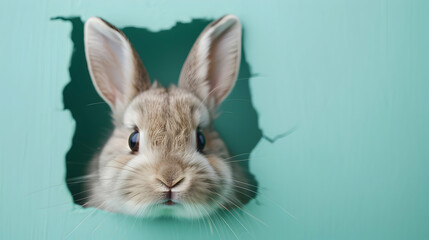 Wall Mural - Bunny Peeking Out Hole Blue Wall Fluffy