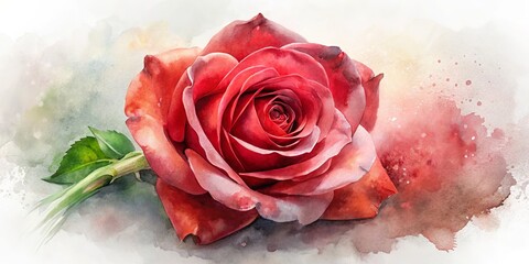 Canvas Print - Vibrant Red Rose With Soft Watercolor Brushstrokes, Gently Unfurling Its Delicate Petals Against A White Backdrop.