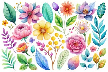 Wall Mural - Vibrant watercolor clipart illustrations of various whimsical elements, including flowers, leaves, and abstract shapes,