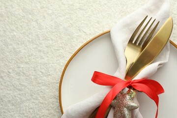 Sticker - Christmas table setting with festive decor, top view. Space for text