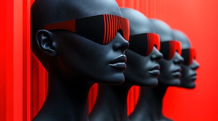 Sticker - Row of Black Mannequin Heads Wearing Red and Black Sunglasses Against a Red Background.