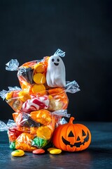 Wall Mural - Halloween candy corn and lollipops overflowing from bags with a jack-o-lantern and a ghost on a dark background