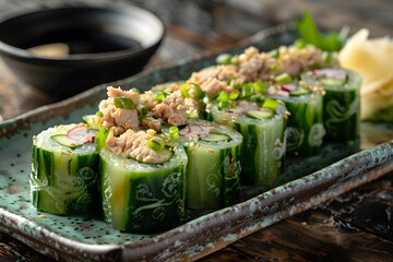 Wall Mural - Refreshing Cucumber Sushi Rolls with Tuna and Green Onions