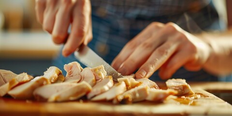 Sticker - Woman slicing chicken breast on a cutting board Woman chopping chicken into small pieces Cooked chicken meat