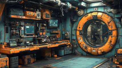 futuristic spaceship interior with a circular window and control panel.