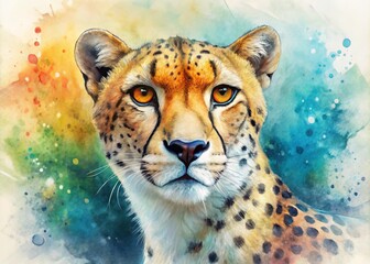 Wall Mural - Vibrant watercolor illustration of a majestic cheetah's portrait, featuring soft brushstrokes, blended colors, and