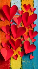 Wall Mural - Composition with red paper hearts on color background