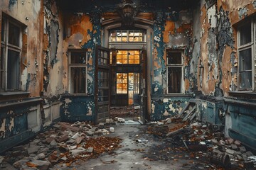 Poster - Abandoned Elegance: A Glimpse into a Decaying Interior