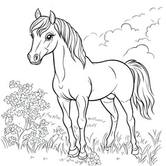 Elegant horse standing in a meadow, drawn in a black and white outline style, perfect for coloring activities.