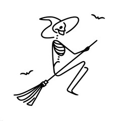 Minimalistic linear vector drawing of a skeleton wearing a witch hat flying on a broomstick with two bats in the background creating a minimalistic and themed image associated with Halloween