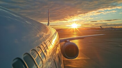 Airplane on a Runway at Sunset