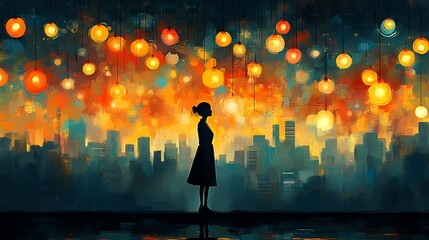 Wall Mural - Silhouette of a woman standing in front of a cityscape with hanging lights.