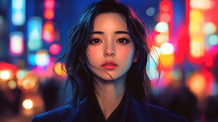 Poster - Woman in City Lights, Portrait of a Young Woman in Neon Glow.