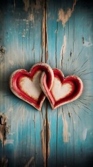 Wall Mural - Red and white hearts on old shabby wooden background